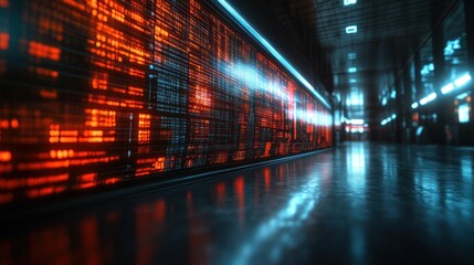 Futuristic data wall in a dark corridor