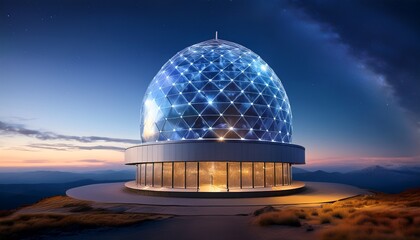 Obraz premium A sky-high observatory with a colossal crystal at its core, glowing and channeling starlight energy into the heavens above—a fusion of science and magic. 