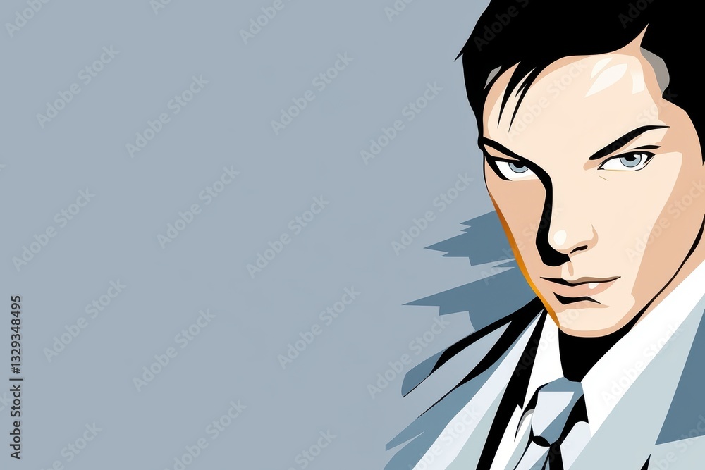 Poster a stylized portrait of a man with a sharp gaze, clean lines, and a cool color palette, creating a mo