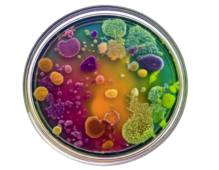 Vibrant petri dish showcasing diverse colorful bacteria  fungi cultures.  A mesmerizing abstract image perfect for science, biology, or artistic projects.