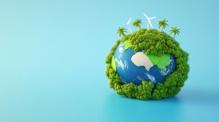 A stylized globe surrounded by greenery symbolizes environmental sustainability and renewable energy with wind turbines and palm trees.