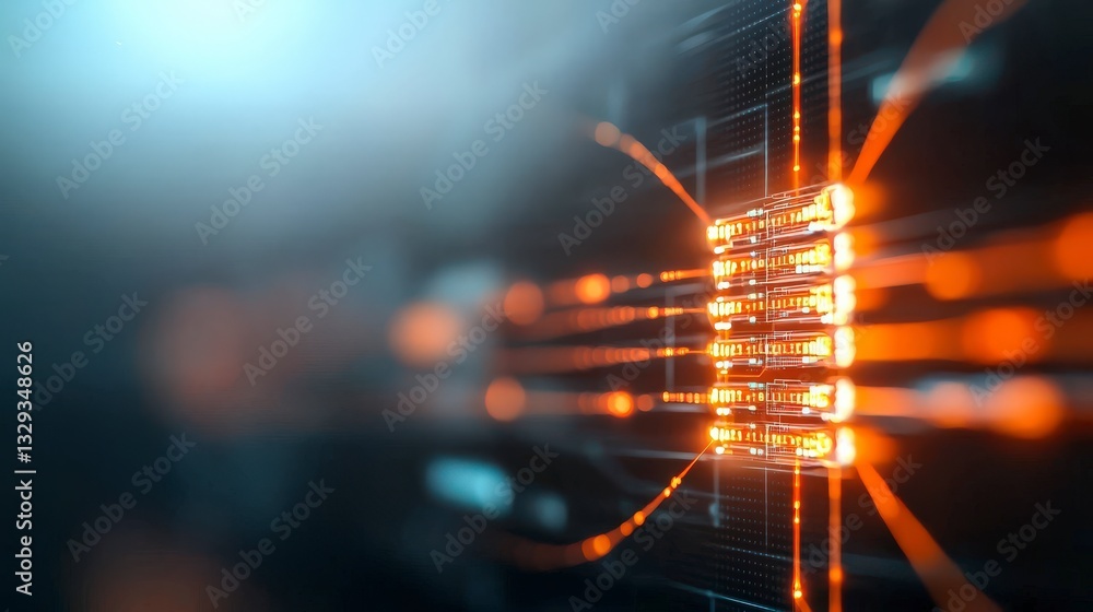 Poster abstract technology background with vibrant light trails and circuit board elements glowing in a fut