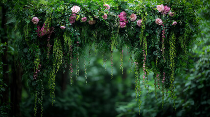 Floral arch draped in greenery and blooms in a peaceful forest