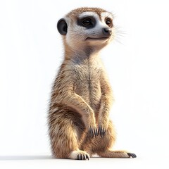 Fototapeta premium A captivating 3D render of an endearing meerkat sitting against a pristine white backdrop. Detailed Animal isolated on white background. Adorable Meerkat