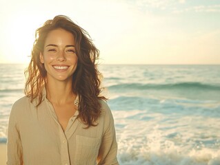 A woman standing on a sunlit beach. Generative AI 