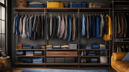 Industrial-chic closet space with iron pipe racks, raw wood shelves, and stylish clothing arrangements