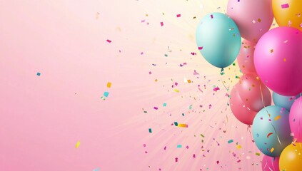 Colorful Balloons with Confetti on Soft Pink Background for Celebration