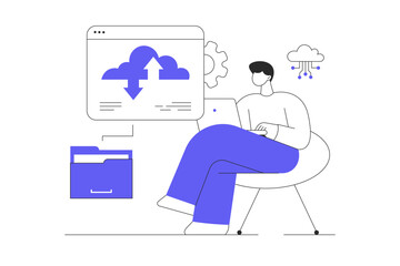 Cloud technology, data storage and backup. Man working with cloud computing and database service. Flat Cartoon Vector Illustration, icon. Stylish abstract design for website