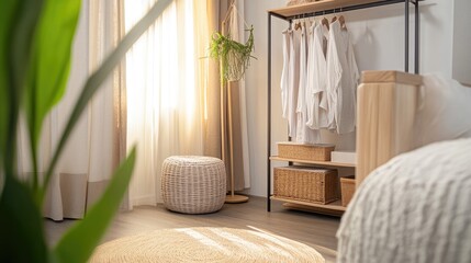Japandi-inspired wardrobe with simple iron racks, neutral textiles, and hidden storage boxes