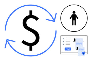 Large dollar sign with blue arrows, user icon in a circle, digital screen with pay button and receipts. Ideal for finance, online transactions, payments, budgeting, business, e-commerce abstract