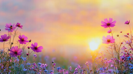 Vivid wildflowers bloom under a colorful sunset sky in a serene meadow