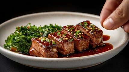 Expertly Prepared Beef Steak Plated with Fresh Greens and Savory Sauce