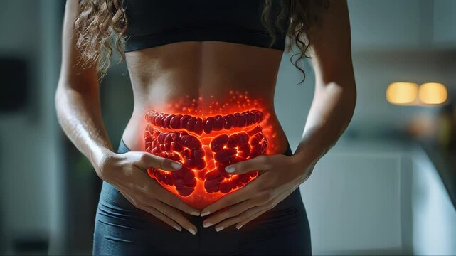 A woman holding her stomach with a glowing 3D illustration of the intestines, symbolizing gut health