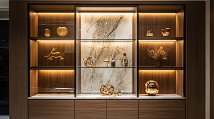 Minimalist home featuring a built-in display unit with glass panels, highlighting curated decor pieces