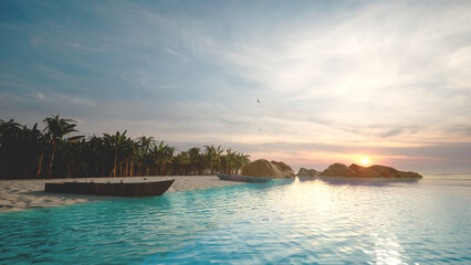 A beautiful sunset over a small island in the middle of the ocean, with a boat in the foreground. The sky is painted with a mix of vibrant oranges, pinks, and purples, and the water is a deep blue. 