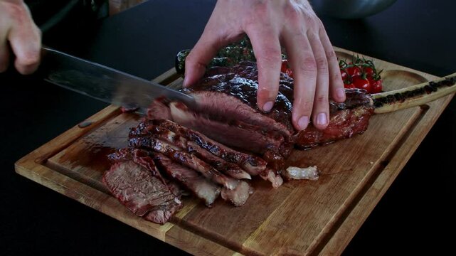 A close-up scene of a skilled chef slicing a juicy, grilled tomahawk steak on a wooden cutting board, capturing the savory texture and rich flavors of the meat. The steak, perfectly cooked with a char