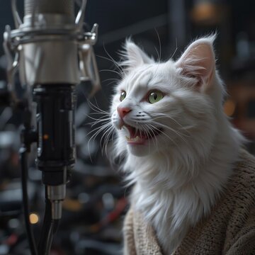 Fluffy white cat Caddy with green eyes in sweater gold chain podcast singing RAP raps into a microphone in a recording studio and meowing.