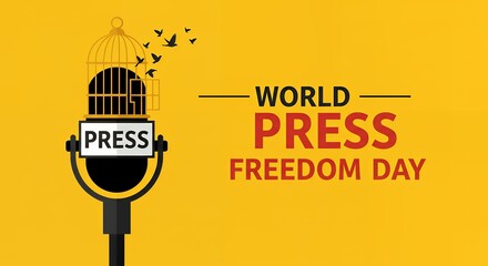 Press Freedom Symbol: Open Cage, Microphone, and "World Press Freedom Day" Text