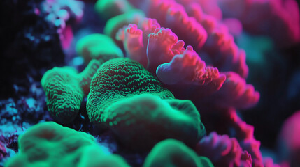 Obraz premium Vibrant underwater coral reef with green and purple formations, highlighting marine biodiversity and the rich colors of an ocean ecosystem in clear water.