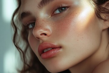 Fototapeta premium Close-up of a person's face capturing the essence of natural beauty with radiant skin and delicate features in softened light.