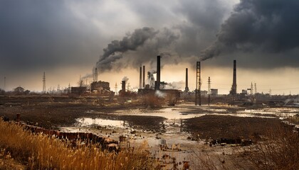 A polluted industrial wasteland with crumbling factories and smokestacks still pumping toxic fumes into a permanently gray, oppressive sky.
