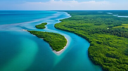 Winding turquoise river delta flowing into blue ocean, surrounded by lush green mangroves and sandy shores. pristine coastal ecosystem under clear sky with scattered clouds.