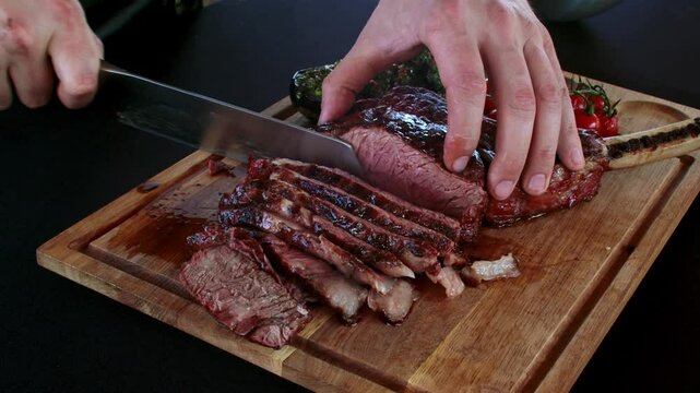 A close-up scene of a skilled chef slicing a juicy, grilled tomahawk steak on a wooden cutting board, capturing the savory texture and rich flavors of the meat. The steak, perfectly cooked with a char