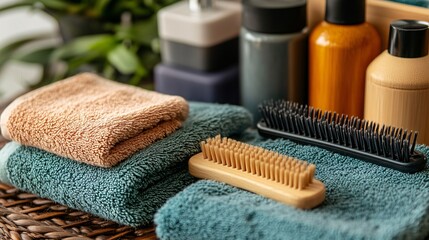 Stacked towels and assorted bath products on a textured surface