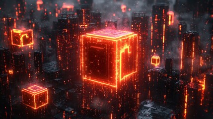 Cyberpunk city, glowing cubes