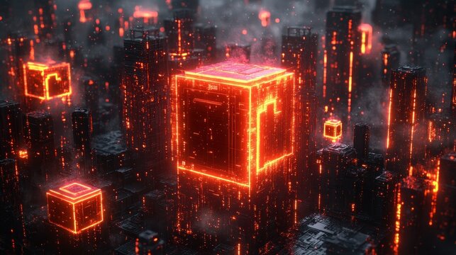 Cyberpunk city, glowing cubes