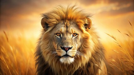 Fototapeta premium A fierce lion's face with intense eyes and bared teeth, set against a warm golden savannah backdrop, capturing the raw power of the wild animal , savannah, predator
