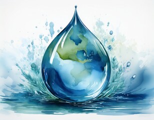 Generated image Watercolor painting style illustration for world water day with a clear water droplet