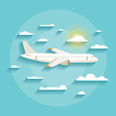 Vector concept of detailed airplane flying through clouds.