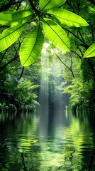 Sunlight Dappled Forest with Green Leaves Reflecting on Calm Water
