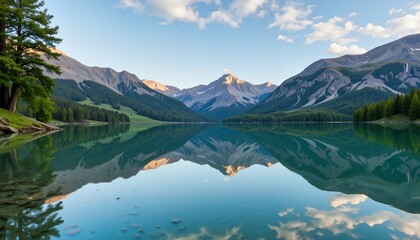 Serene lake reflecting lush mountains under blue skies, natural harmony