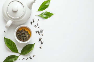 White background with a teapot and tea leaves, a flat lay, top view