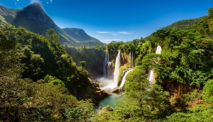 Fototapeta premium A peaceful valley where waterfalls flow upwards into the sky, defying gravity in a mesmerizing, dreamlike display surrounded by mist and lush greenery. 