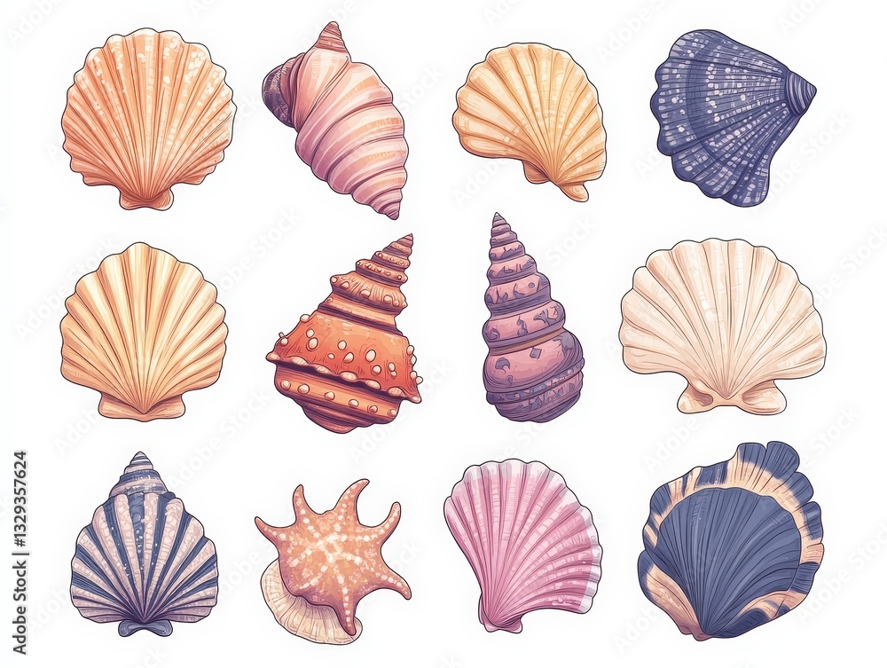 Aufkleber a collection of colorful seashells arranged in a grid, showcasing various shapes and textures, perfe