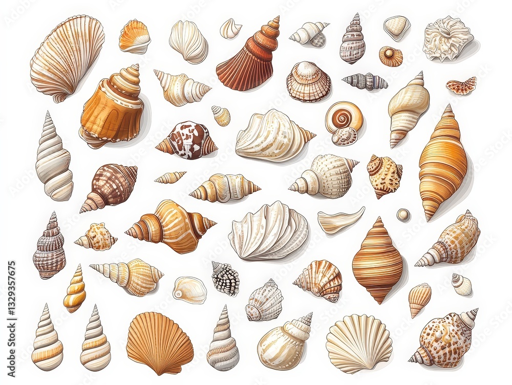 Poster a collection of various seashells displayed in different shapes and colors on a white background.
