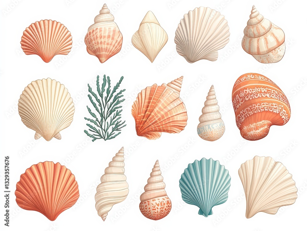 Poster a collection of various seashells in different shapes and colors arranged in a grid, showcasing mari