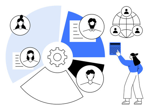 Female figure analyzing data with a calculator, interconnected profiles, gear, pie chart. Ideal for teamwork, analysis, operations, management networking data workflow. Flat simple metaphor