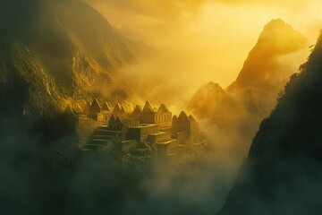A mystical view of Machu Picchu at sunrise, soft mist rising from the mountains, ancient Incan ruins bathed in golden light