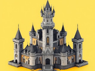 Fototapeta premium A whimsical gothic castle dark and creepy with turrets and spires set against a bright yellow background, creating a playful and imaginative atmosphere.