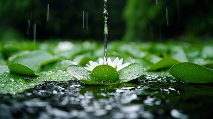 Water droplets cascade onto a lily pad in a tranquil pond setting