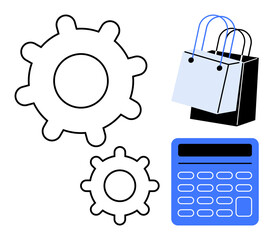 Gears, calculator, and shopping bags suggest a blend of mechanics, finance, and retail. Ideal for themes in business optimization, e-commerce, financial planning, engineering solutions retail