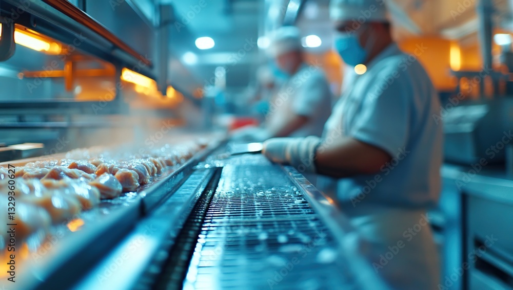 Poster automated food processing: conveyor belt system transports chicken pieces efficiently through modern