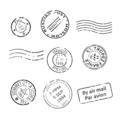 Image of Vector set of vintage style post stamps from countries and cities around the world printed on Printed Glass Splashbacks
