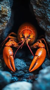 A lobster hiding in a rocky crevice