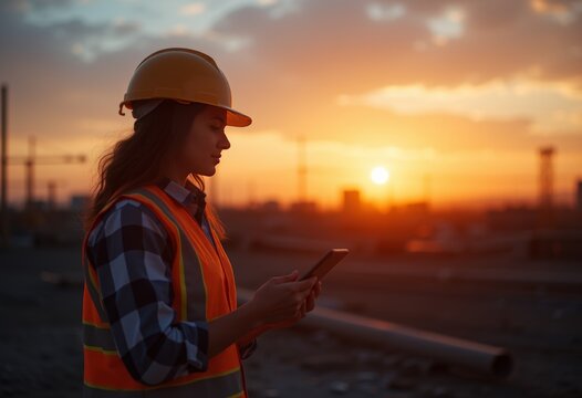 Female Construction Worker with Hard Hat Using Smartphone at a Construction Site During Sunset