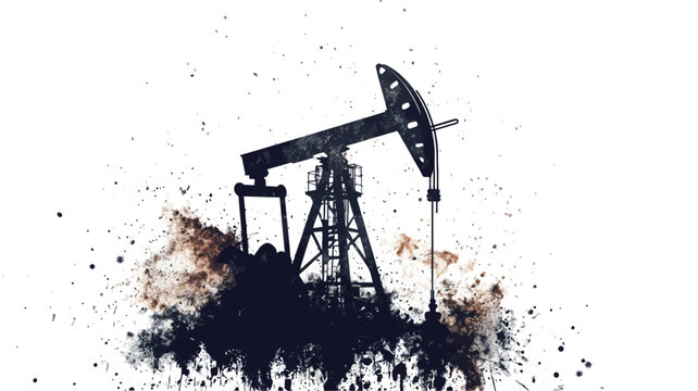 A stylized image depicting a pumpjack silhouette against a white background.  The silhouette is rendered in dark blue, with brown and black ink splatter effects surrounding the base, creating a